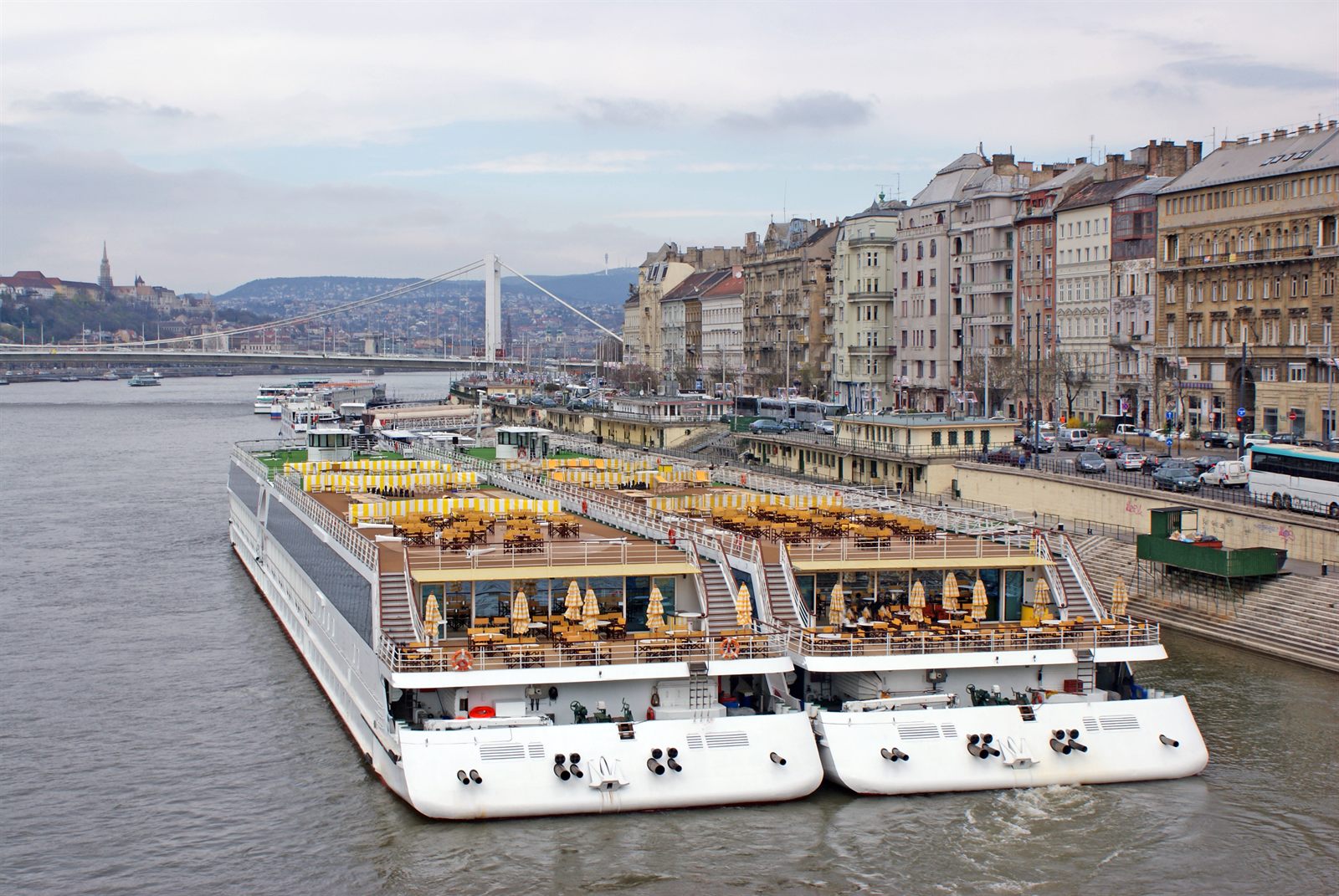 Two river cruise ships moored in Budapest